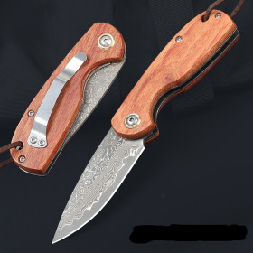 Damascus Steel Blade Wooden Handle Magic Knife Pocket Folding Knife UD408767